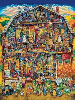 Colorful cutaway illustration of a cluttered house interior filled with rooms, objects, animals, and small figures