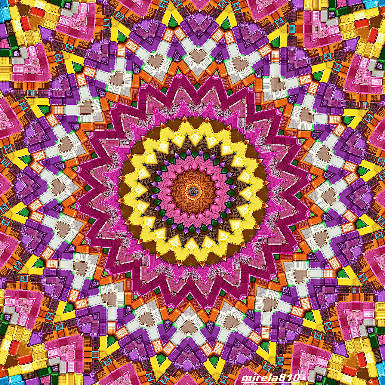 Colorful geometric mandala with radiating purple, pink, yellow and orange symmetrical patterns around golden center