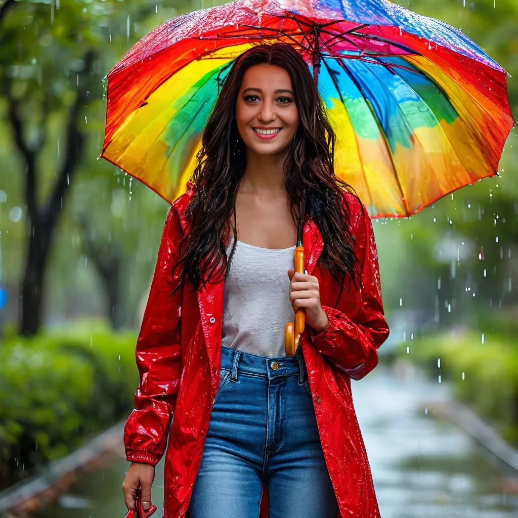 Smiling woman in red coat holding rainbow umbrella in rain