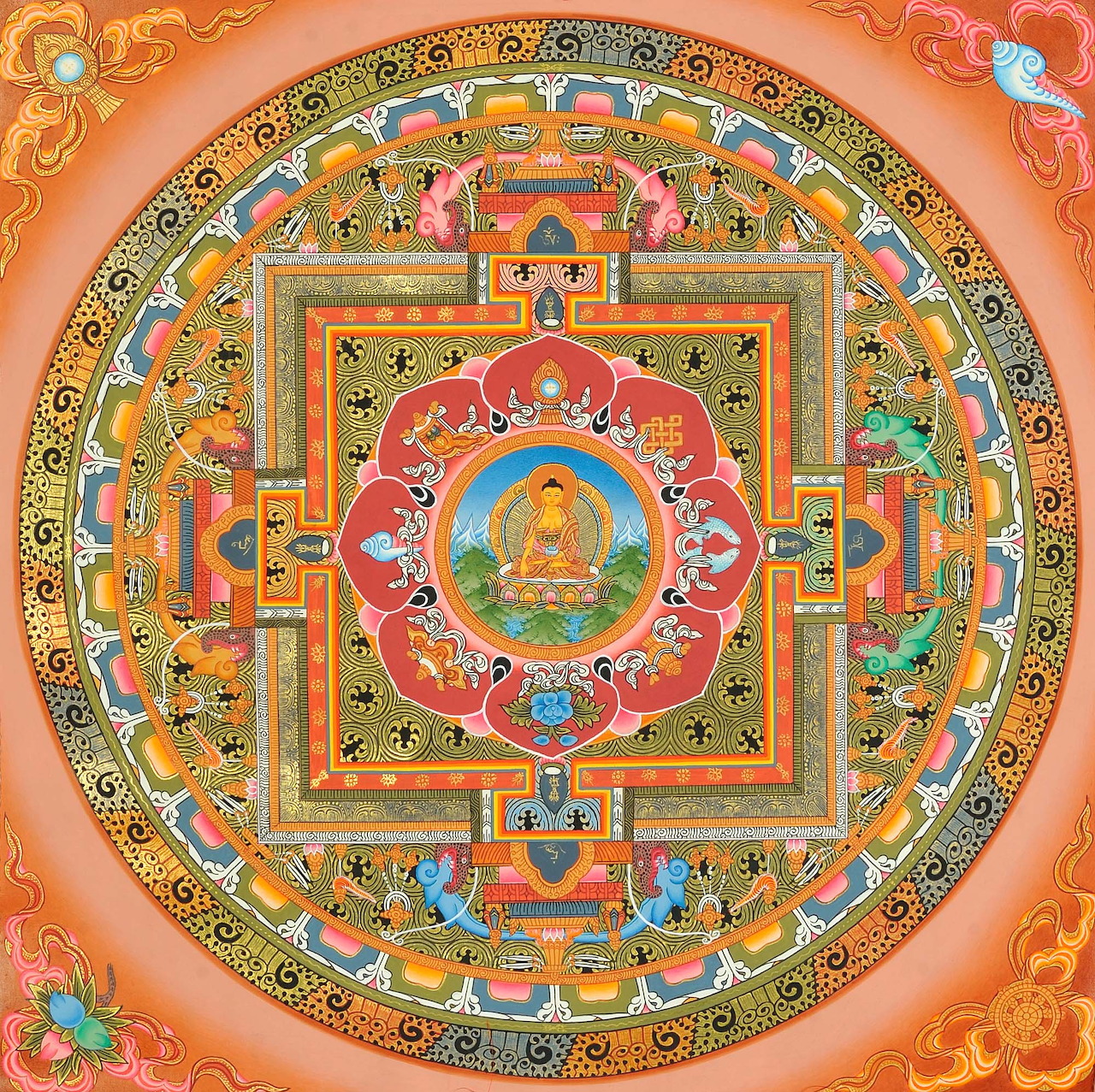 Colorful Tibetan Buddhist mandala with geometric patterns and concentric circles in orange, gold, and turquoise