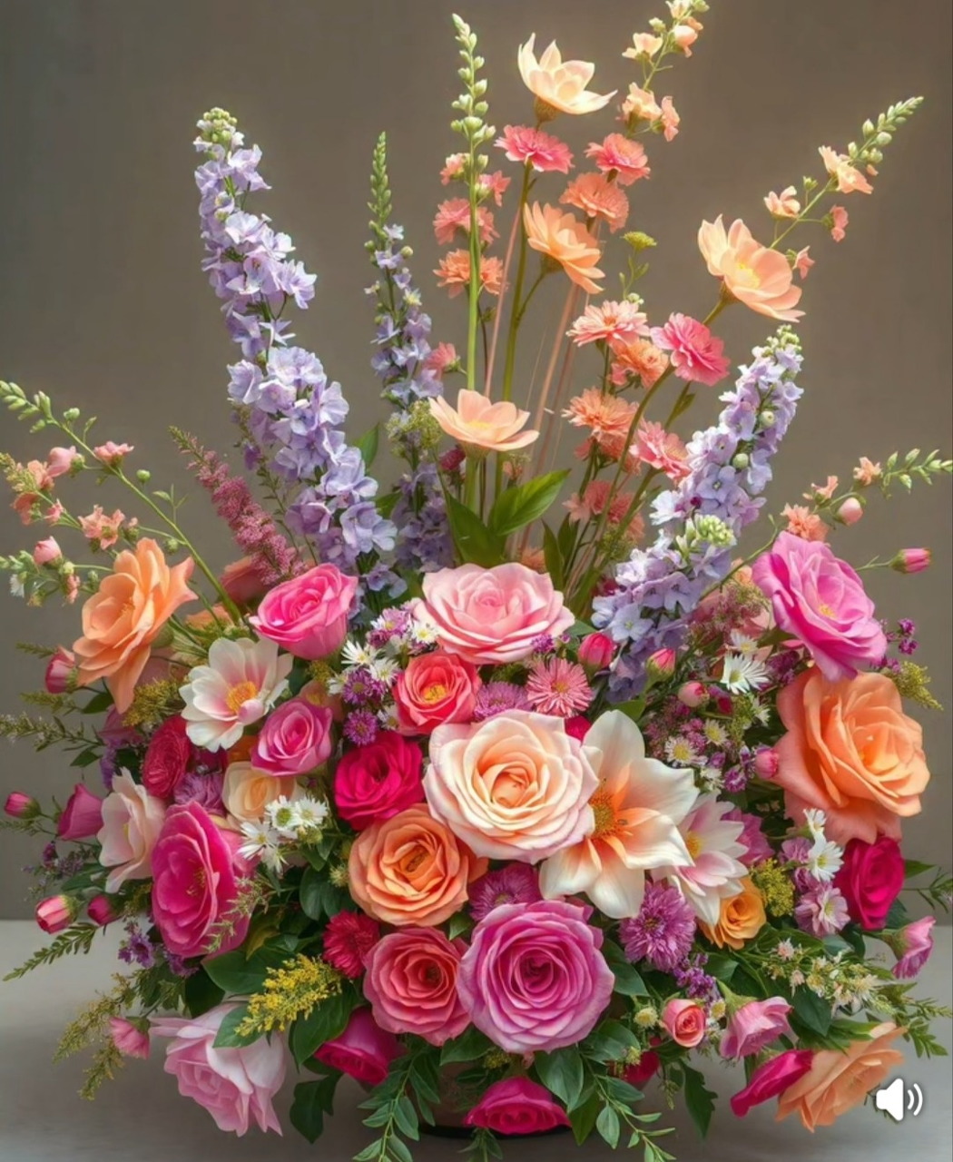 Elegant floral bouquet with pink roses, lavender delphiniums, and peach blooms in a full arrangement