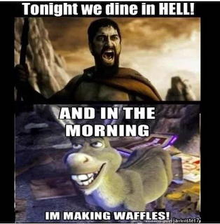 Two-panel meme: warrior shouting above, smiling cartoon donkey with waffles below
