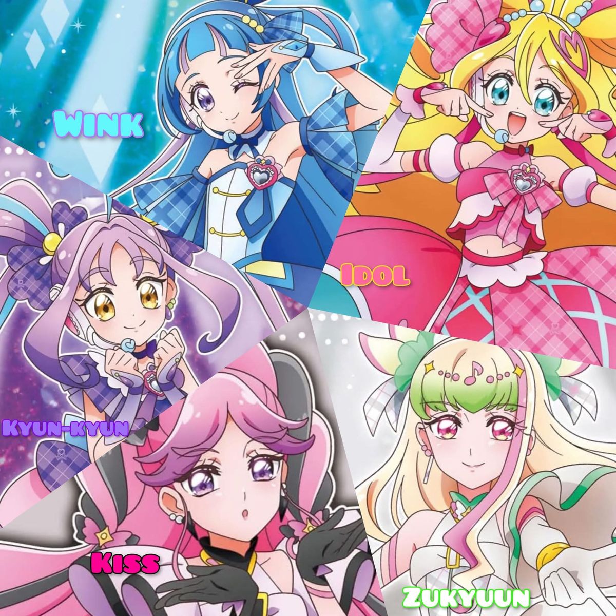 Colorful anime collage featuring four magical girl characters in bright costumes