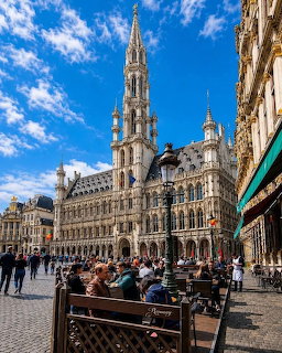 Brussels Town Hall and historic buildings at Grand Place with outdoor cafe seating