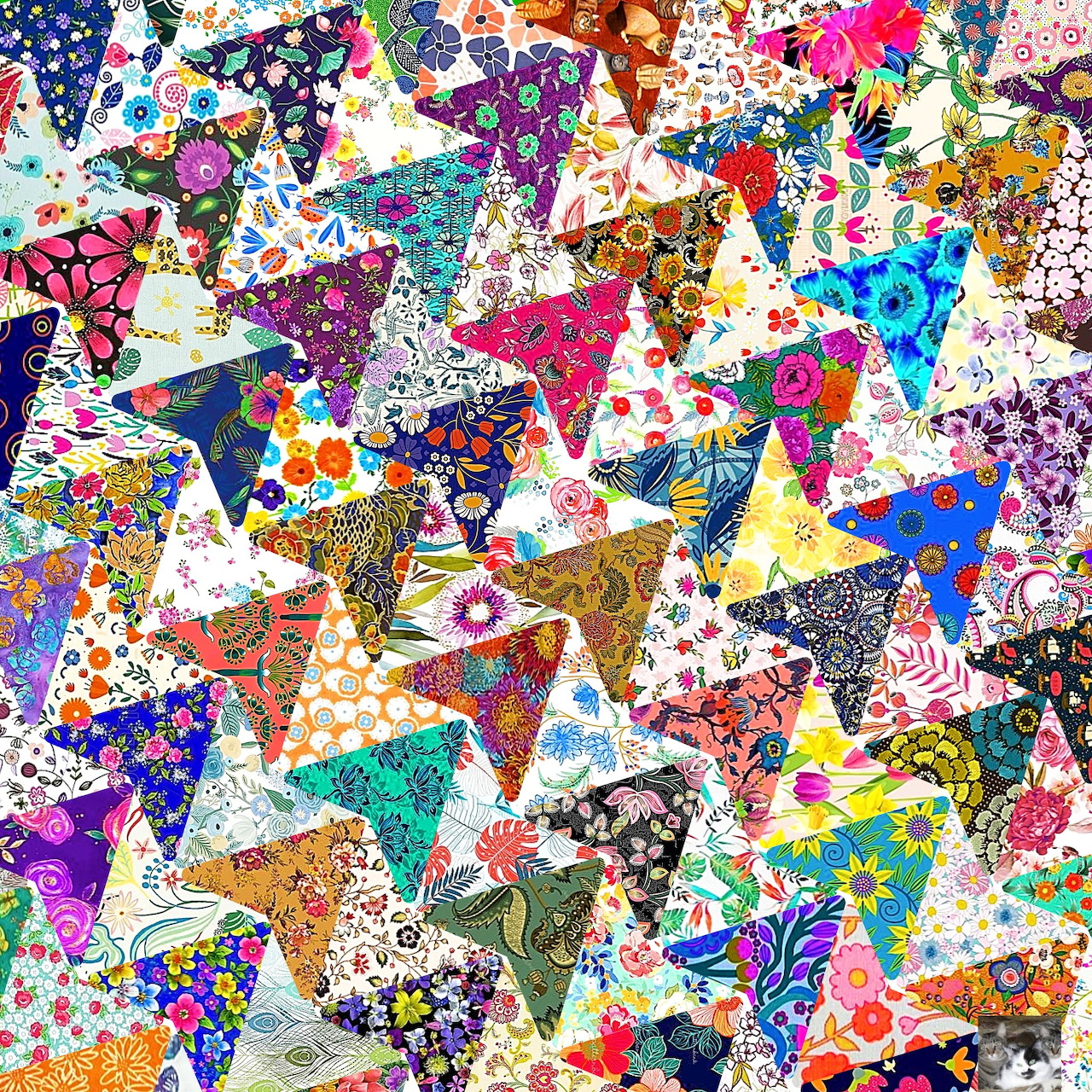 Colorful patchwork quilt collage with triangular fabric pieces in various floral and geometric patterns