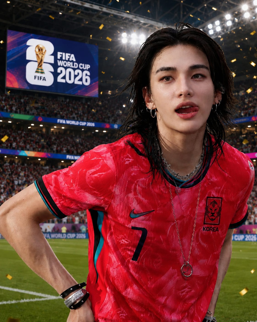 Young man in red Nike jersey number 7 at FIFA World Cup 2026 stadium