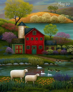 Colorful painting of a red barn by a lake with sheep, ducks, bloming trees, and rolling hills
