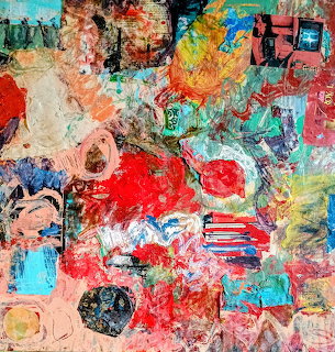 Abstract mixed media collage with vibrant colors, layered textures, and paint splatters in red, turquoise, and orange