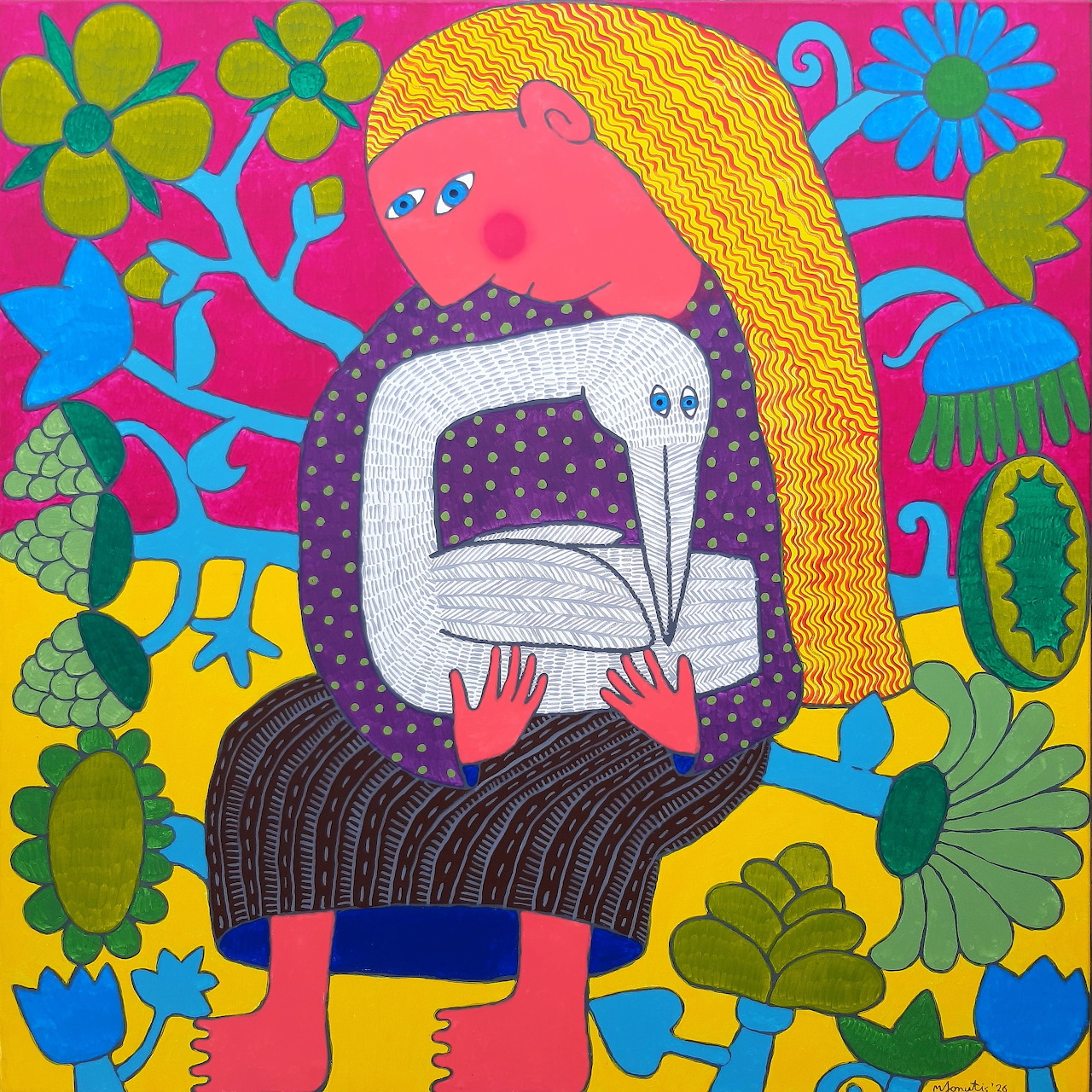 Folk art illustration of girl with yellow hair holding white cat among colorful flowers