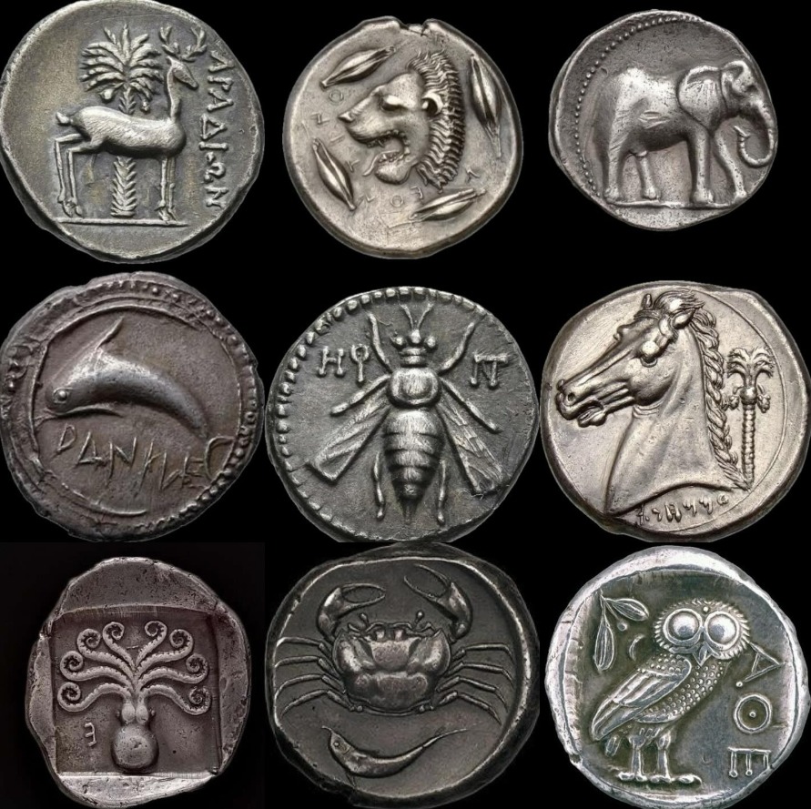 Grid of nine ancient Greek silver coins with various classical designs including animals and figures in relief