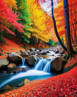 Small waterfall and rocky stream in a bright autumn forest with colorful red, orange, and yellow leaves