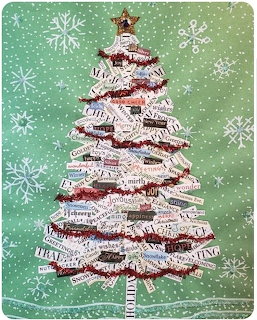 Christmas tree crafted from torn newspaper and text strips with a gold star on a green snowflake background
