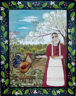 Folk art painting of woman in Greek traditional dress with apron in farmyard with chickens