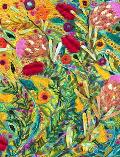 Colorful textile art quilt with embroidered flowers, leaves, and beaded embellishments in vibrant yellow, red, and green