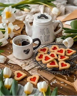 Heart-shaped cookies with red centers, coffee mugs, teapot, and white tulips arranged on rustic wooden surface