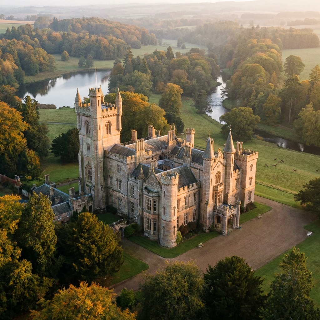Aerial view of a stone castle surrounded by autumn trees, green lawns, and a river