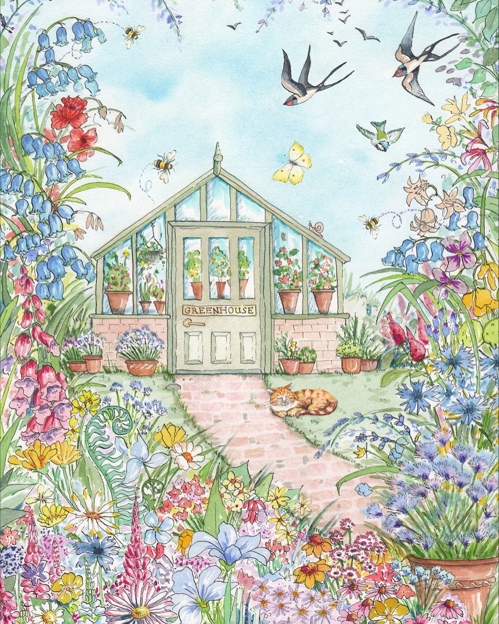 Watercolor illustration of a greenhouse surrounded by colorful flower gardens with birds and a cat