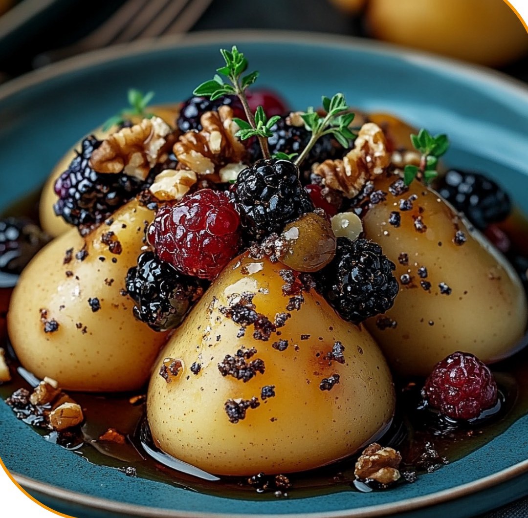 Baked pears on a teal plate garnished with blackberries, cranberies, walnuts, and thyme sprigs
