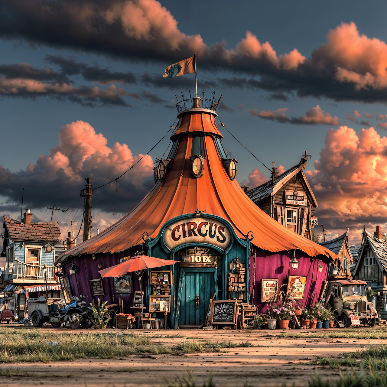 Orange and red striped circus tent with flag at sunset surrounded by small buildings and dramatic cloudy sky