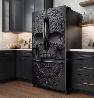 Black refrigerator with decorative skull carving in modern kitchen with dark cabinets