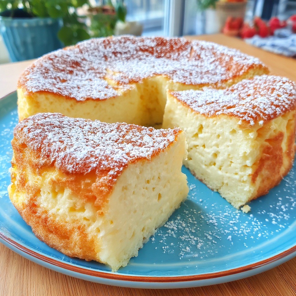 Fluffy round cheesecake dusted with powdered sugar on blue plate, one slice cut out showing light interior