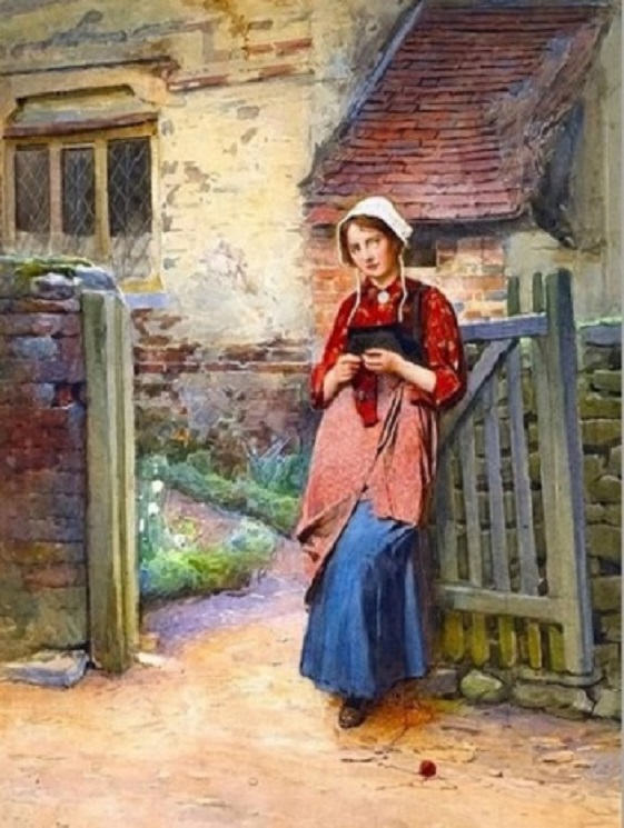 Painting of a bonneted woman standing at a wooden gate beside an old village house