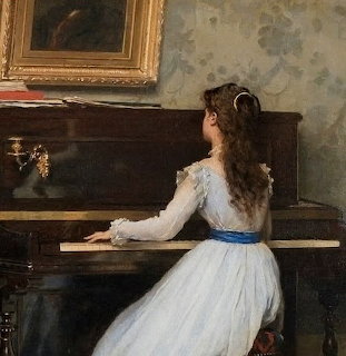 Painting of a young woman in a white dress playing an upright piano indoors