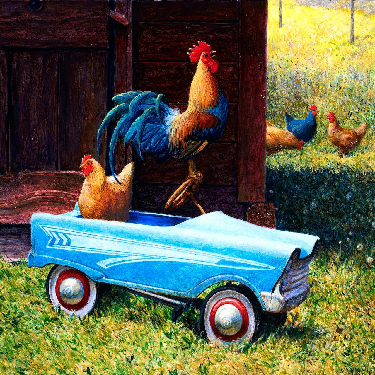 Rooster standing on blue toy pedal car with barn and chickens in background