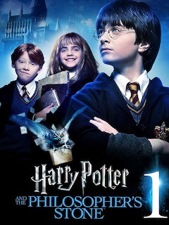 Harry Potter movie poster with Harry, Hermione, Ron, and Hogwarts in the background