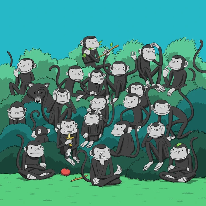 Cartoon-style group of black monkeys on green bushes with a hidden black bear among them