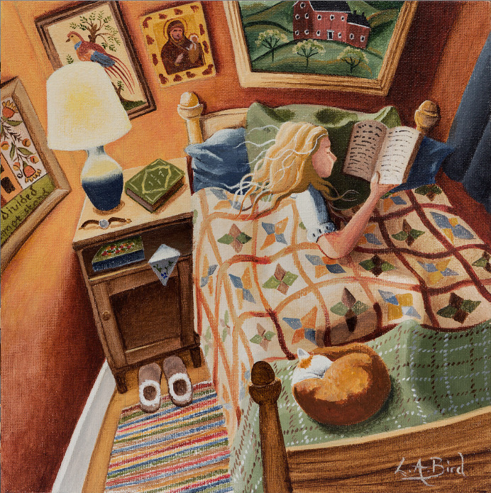 Painting of a cozy bedroom with a woman reading in bed beside a lamp and colorful quilt