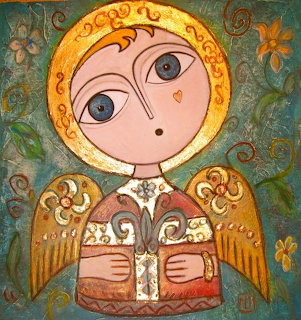 Folk art painting of a big-eyed angel with golden halo and wings on a teal background with flowers