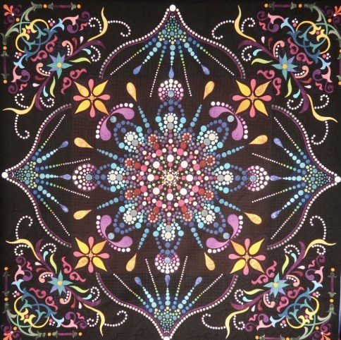 Symmetrical dot-painted mandala with floral motifs in vibrant colors on black
