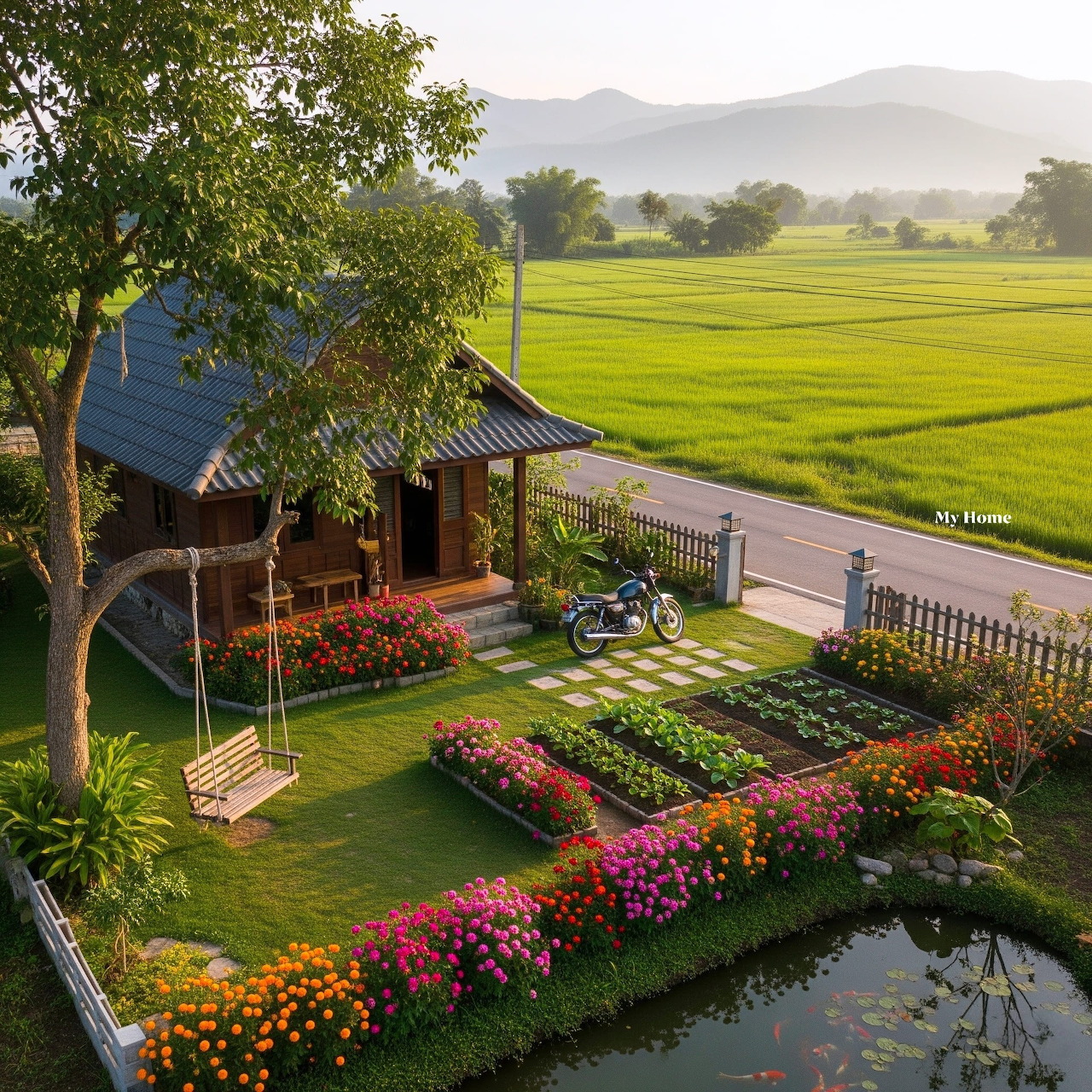 Wooden cottage with colorful garden, pond, and swing overlooking green rice fields and mountains