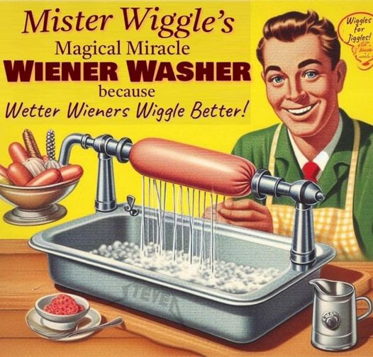 Vintage illustration of a man with a whimsical wiener washer machine cleaning hot dogs over a sink