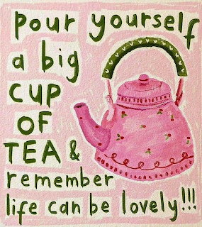 Hand-painted pink teapot with green handle and spout on pink background with inspirational tea quote
