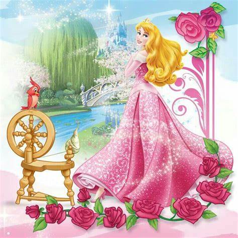 Cartoon princess in pink dress near spinning wheel with castle and red roses