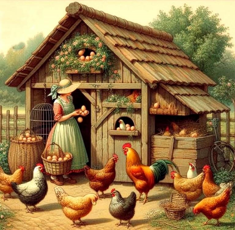 Woman in traditional dress feeding chickens outside rustic wooden coop in farmyard