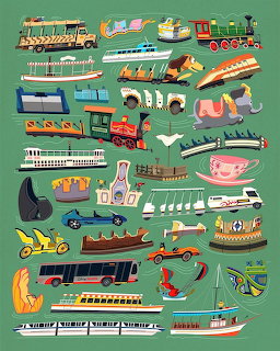 Colorful illustration of Disney theme park ride vehicles including trains, monorail, teacups, boats, and buses on green background