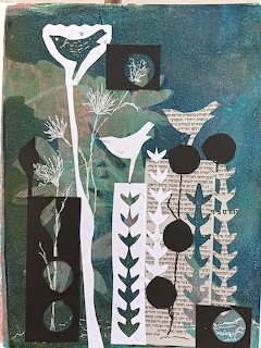 Mixed media collage with stylized white birds, black circles, botanical shapes on teal background