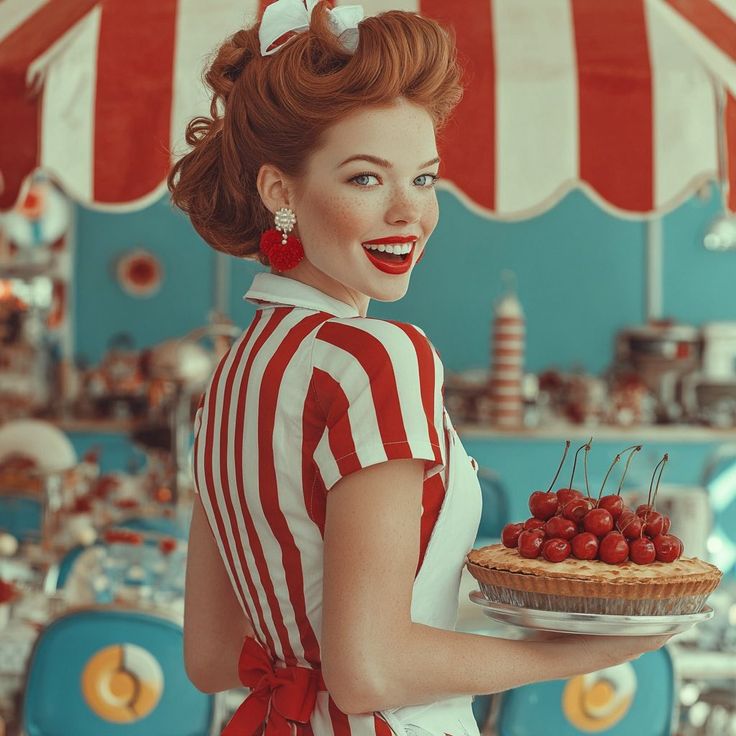 Retro pin-up woman in a striped dress holding a cherry pie at a carnival