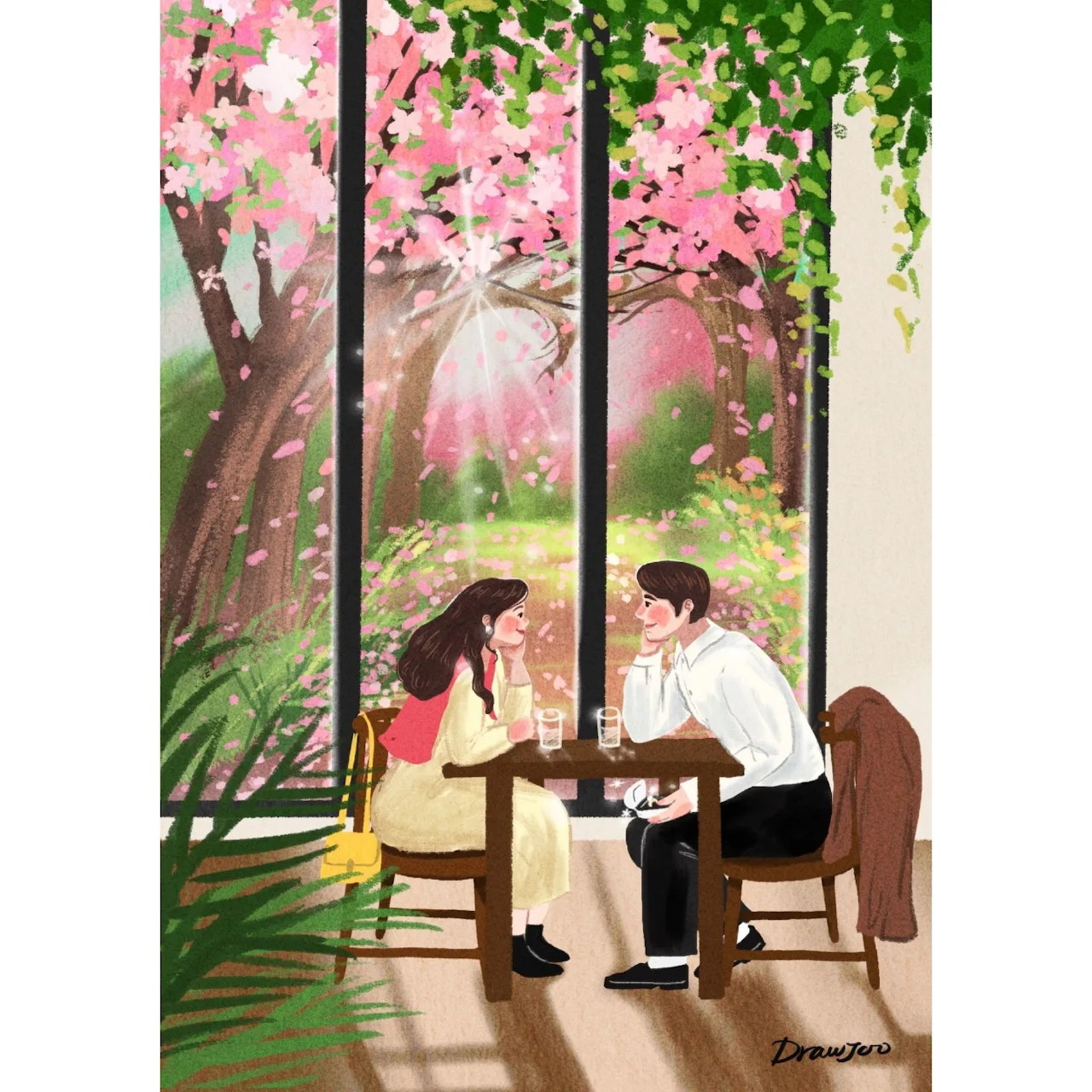 Couple having coffee at window-side table with pink cherry blossoms outside