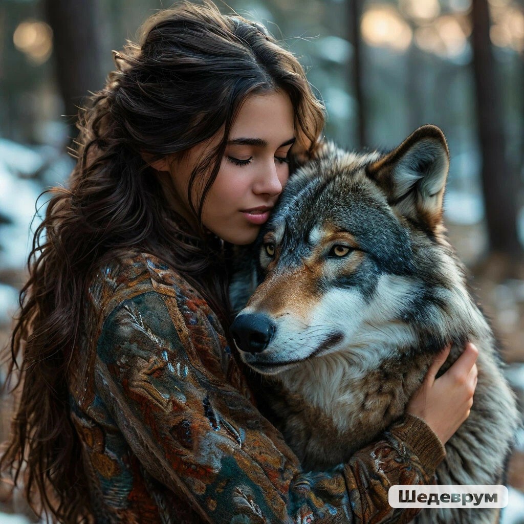 Young woman with dark hair gently embracing a gray wolf in a forest