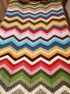 Close-up of a multicolored crocheted blanket with zigzag chevron stripe pattern