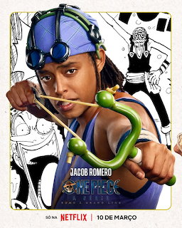 Usopp from One Piece aiming slingshot, wearing blue striped cap with goggles
