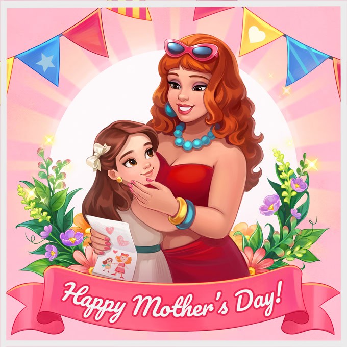 Cartoon mother hugging her daughter with flowers and a Happy Mother's Day banner