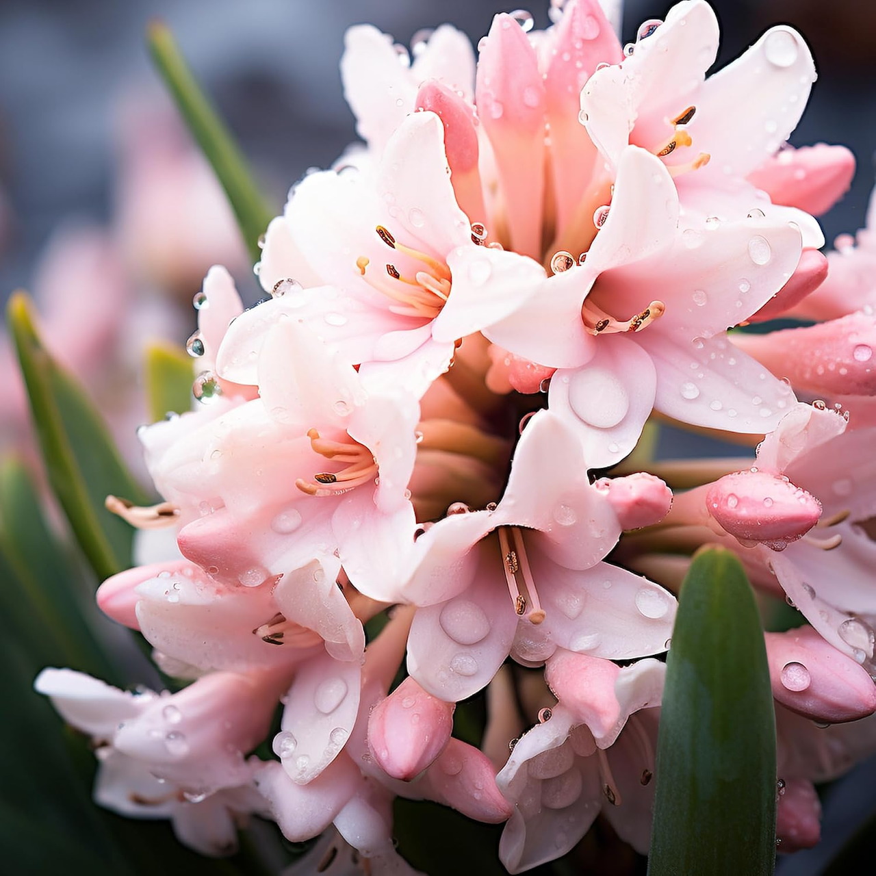 Close-up of pink tuberose flowers with dew drops and green leaves