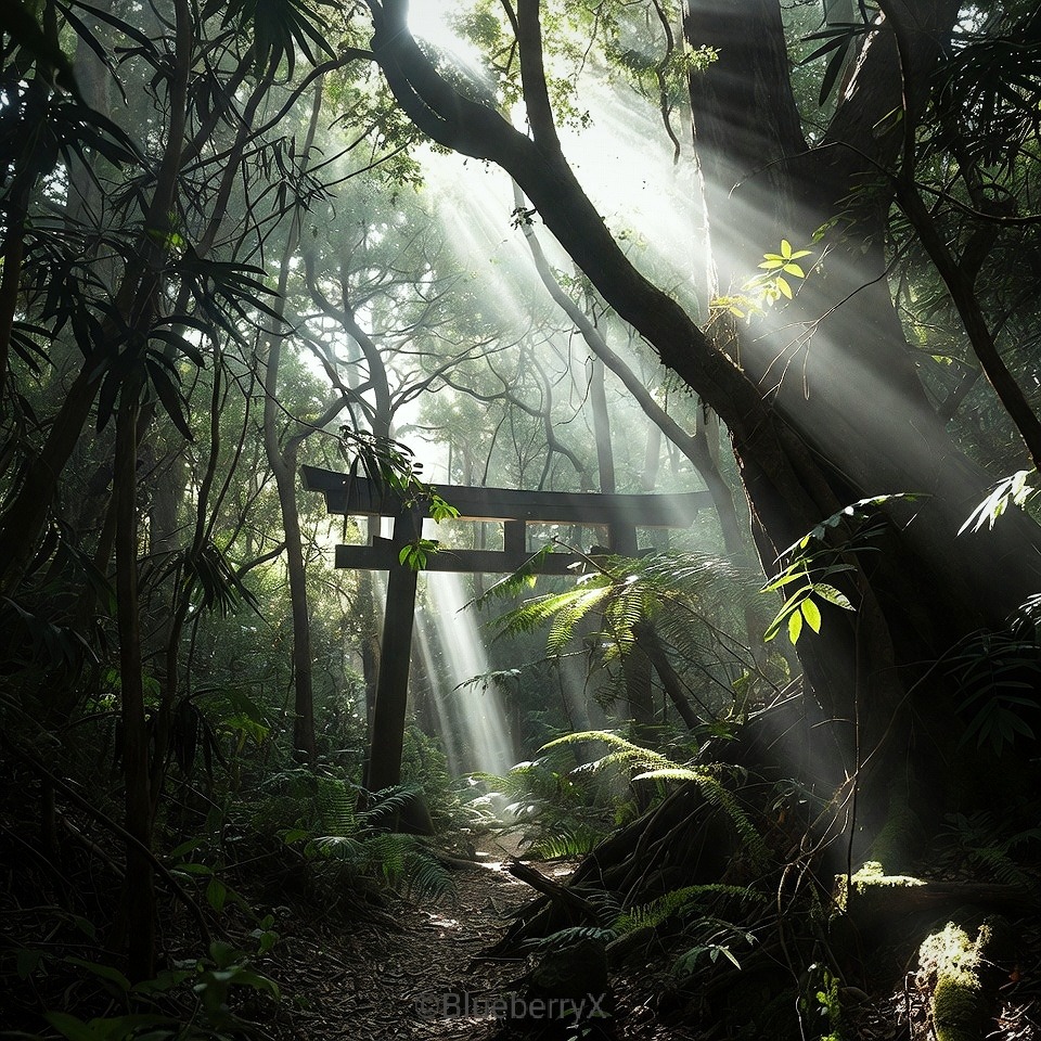 Sunlight shining through a dense forest onto a small torii gate and ferns