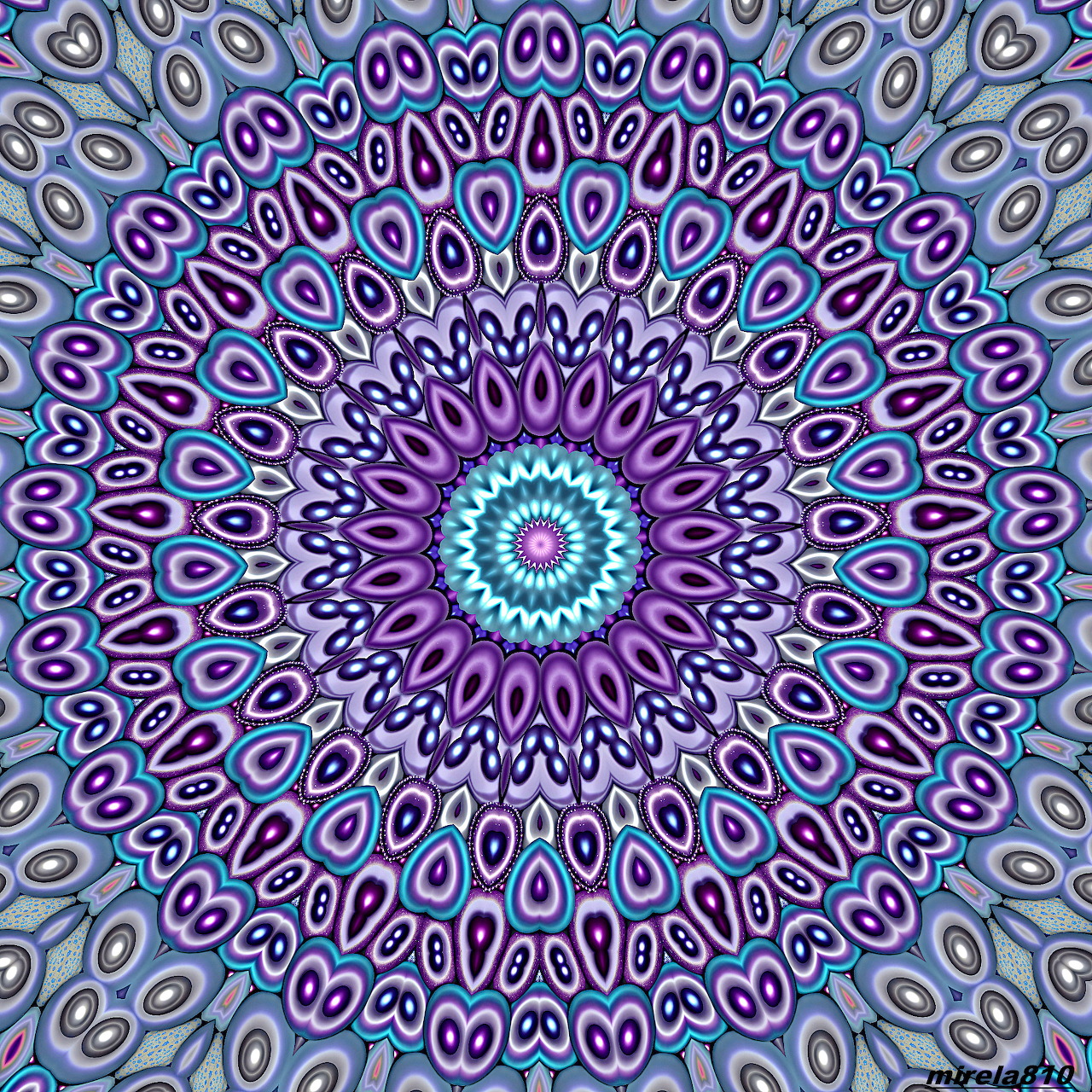 Detailed mandala with purple and blue symmetrical patterns radiating from turquoise center
