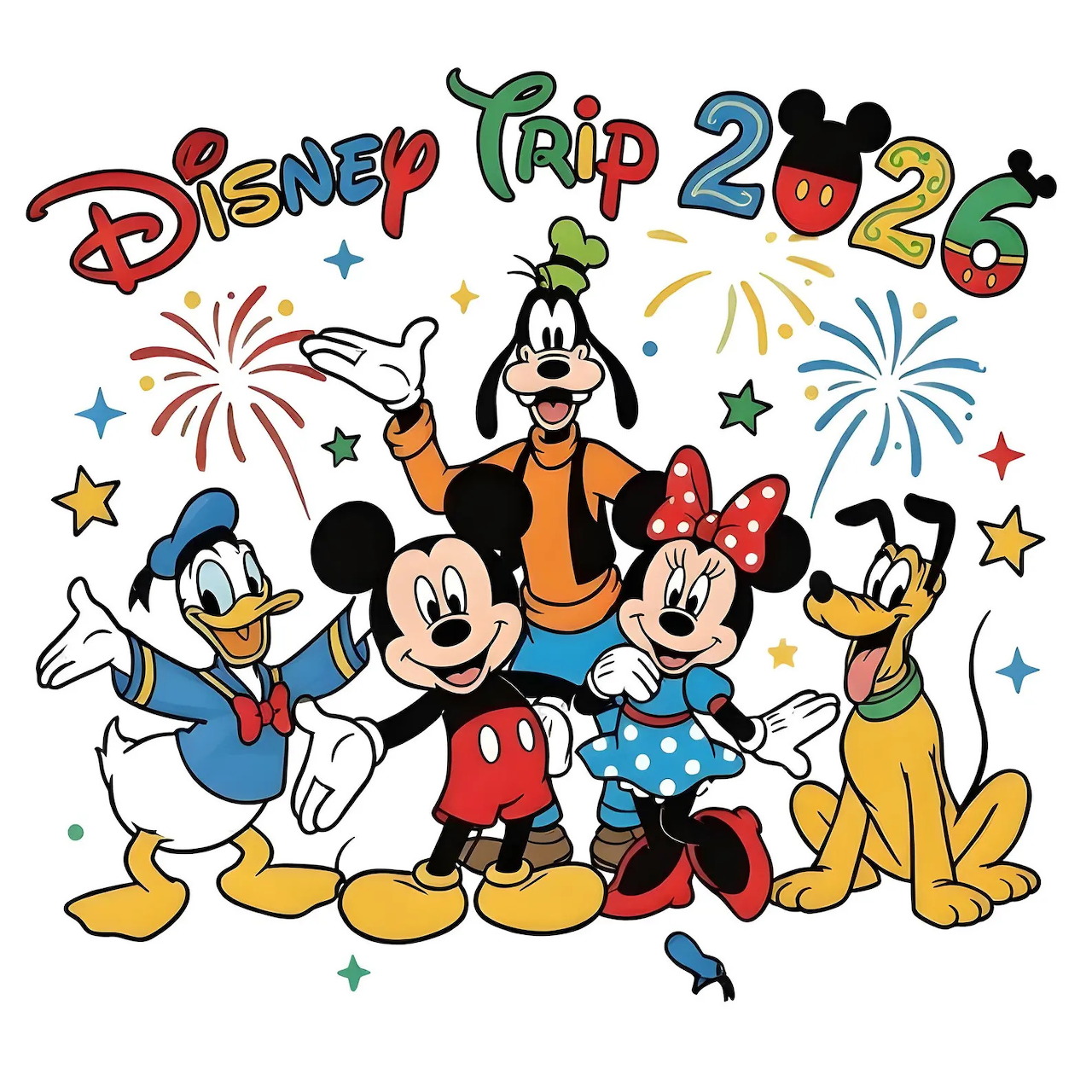 Disney characters Mickey, Minnie, Donald, Goofy and Pluto posing together with Disney Trip 2024 text and fireworks